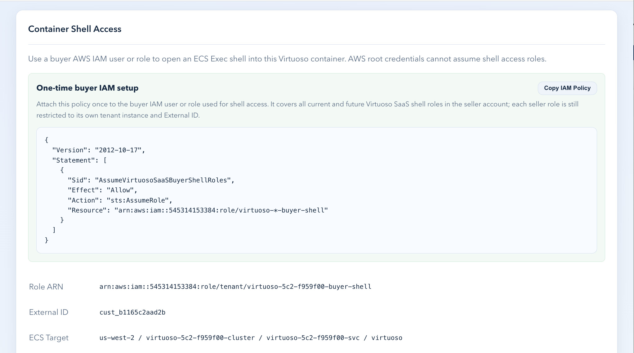 Container shell access with IAM policy and role ARN
