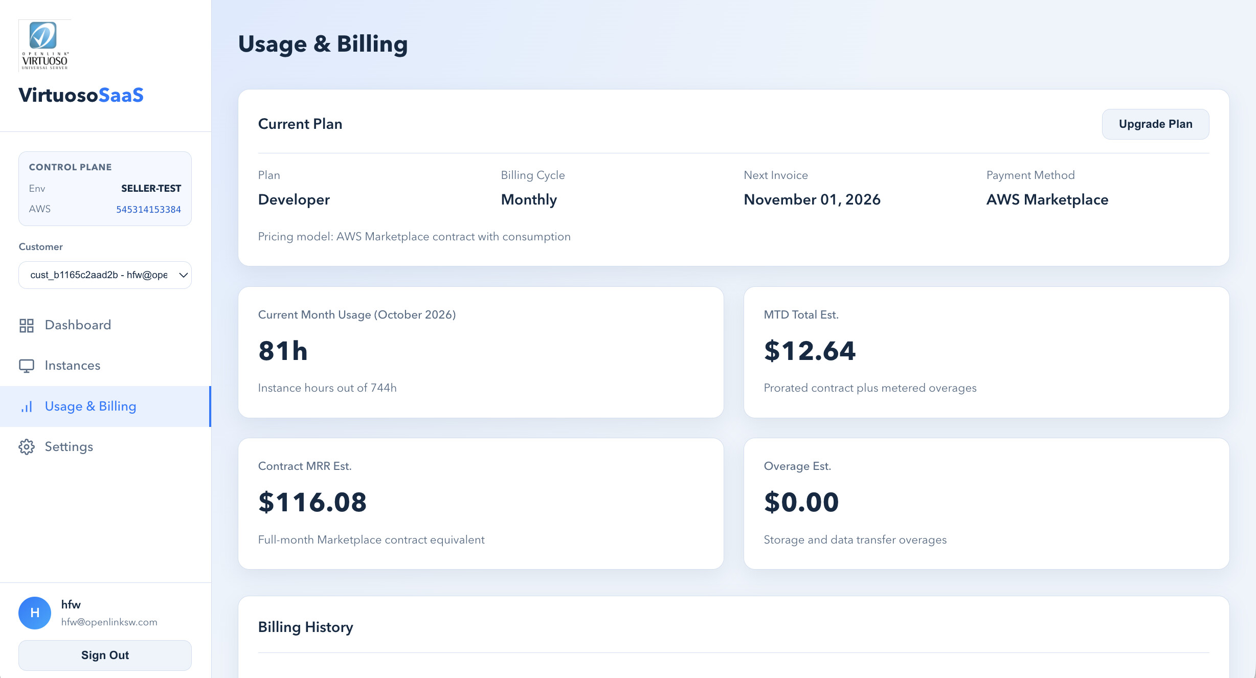 Usage and Billing page showing plan and estimated overage