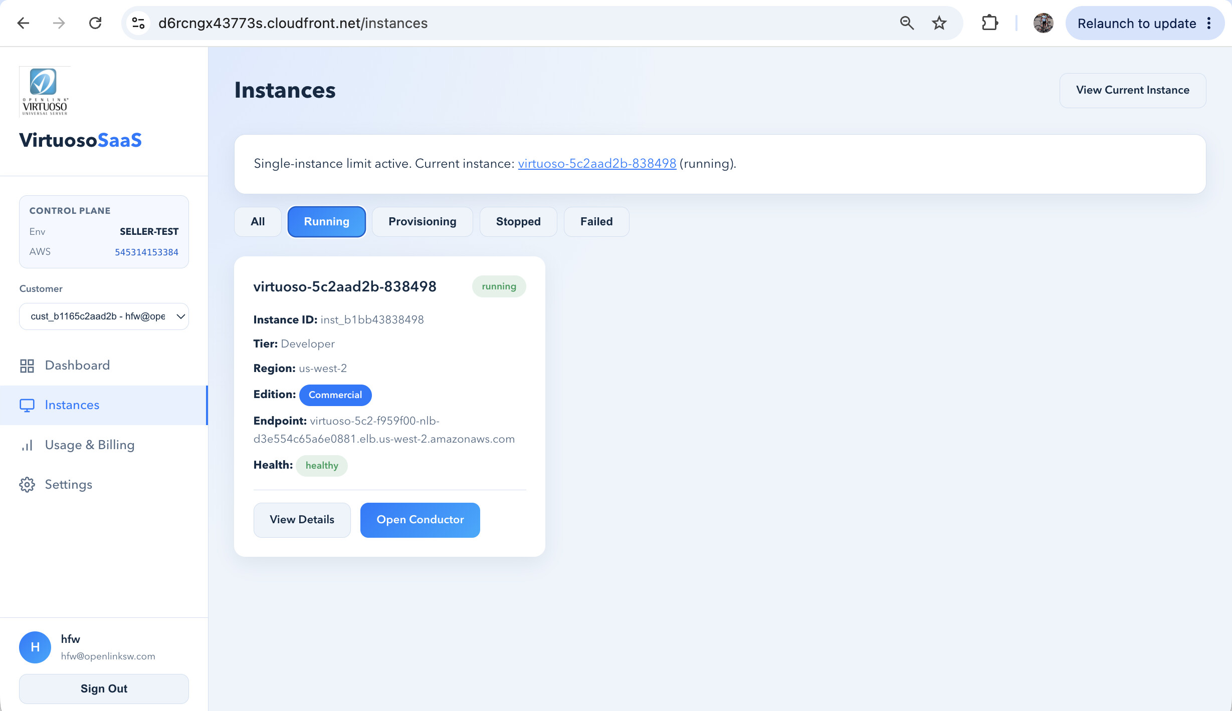 Instance list showing status running and health healthy