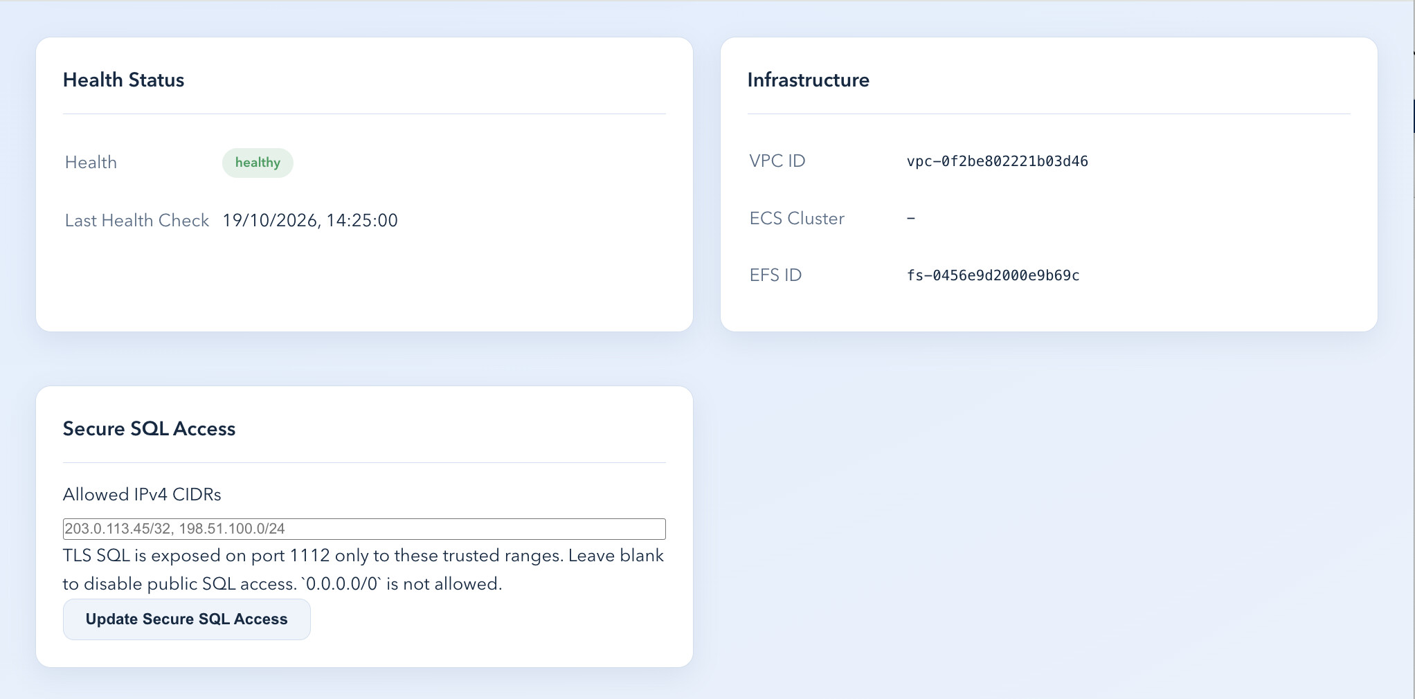Configuring allowed IPv4 CIDR ranges for TLS SQL